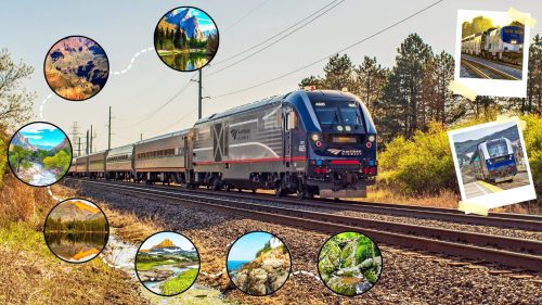 An Amtrak passenger train traveling through rural with collage of 7 national parks 1600x900