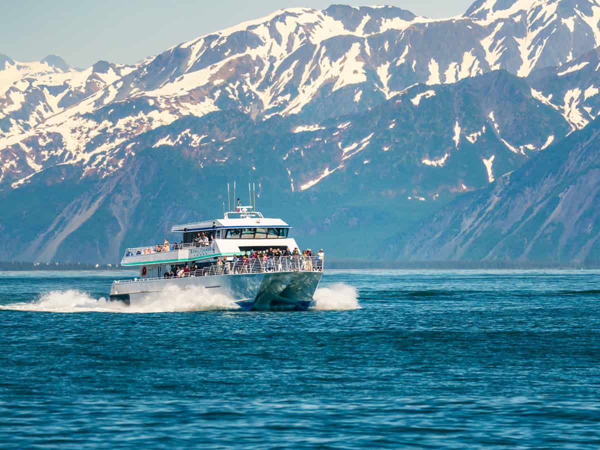 Kenai Fjord wildlife tour boat by snow mountains