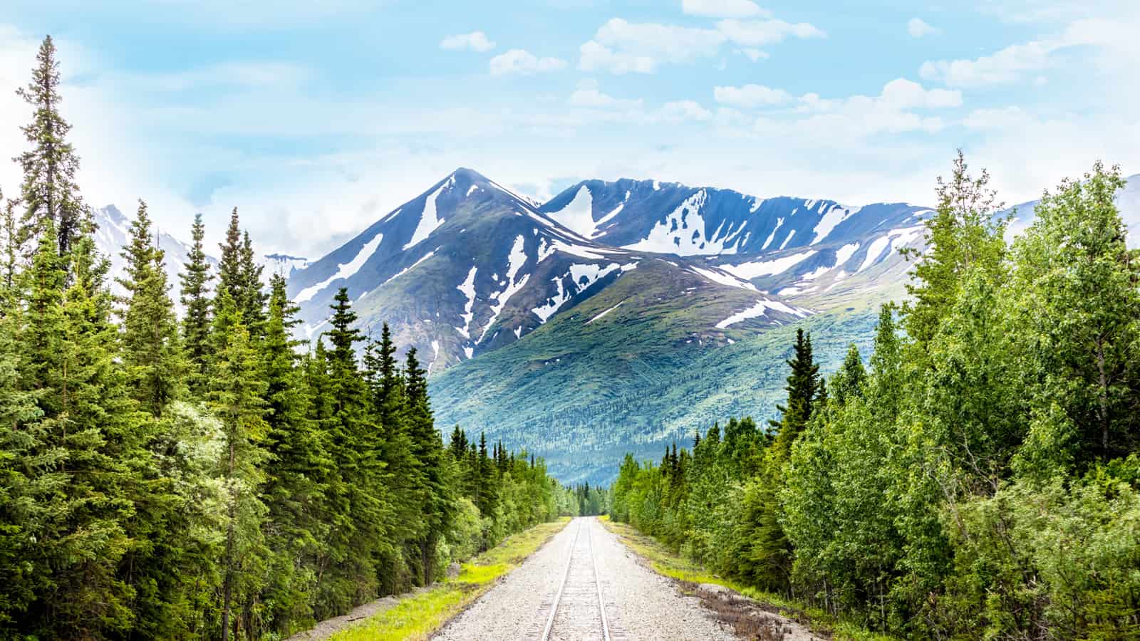 Mountain range and railroad track in Denali National Park Alaska 1600x900