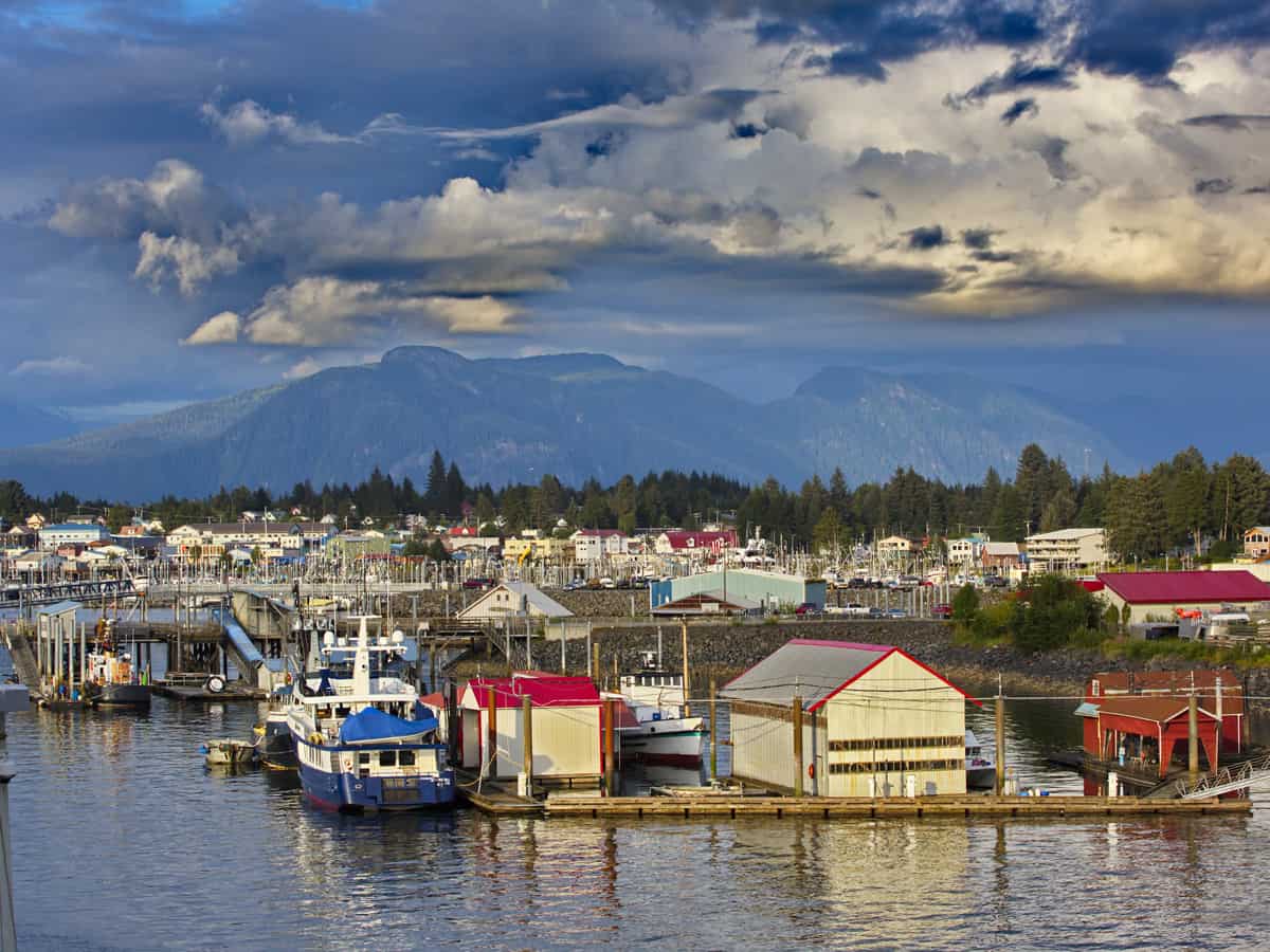 Quaint fishing village of Petersburg in Southeast Alaska, United States. Location is on Mitkof Island's northern end, where Wrangell Narrows joins Frederick Sound.