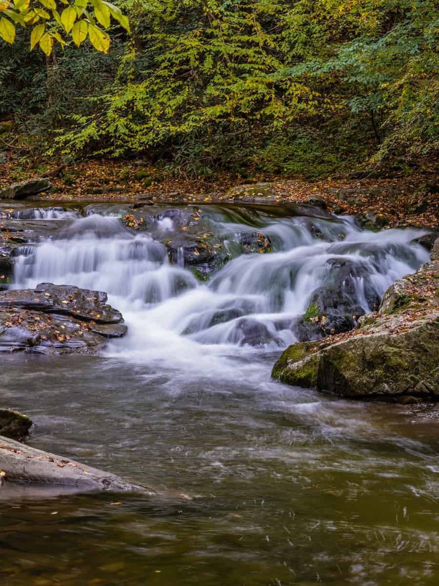 Rushing Water Flows Over Rocky Shoal in Great Smoky Mountains National Park, West Prong Falls