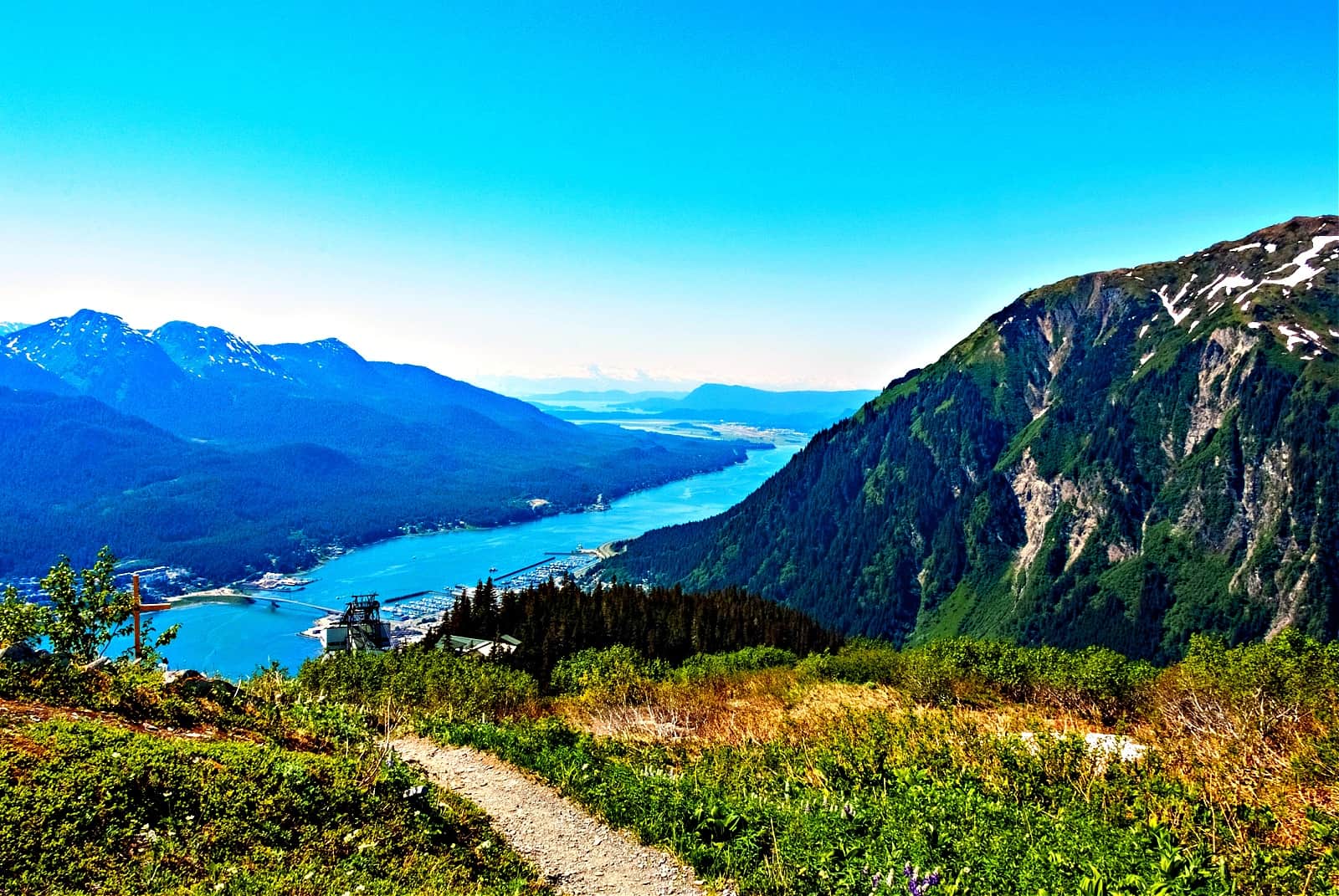 Scenic view of Gastineau Channel, Douglas Island, and Downtown Juneau from the top of Mt. Juneau in Alaska during Summer