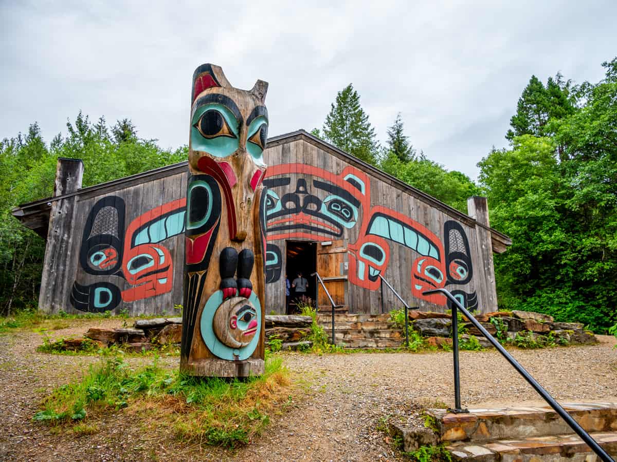 Tlinget totem poles, long house and traditional art.