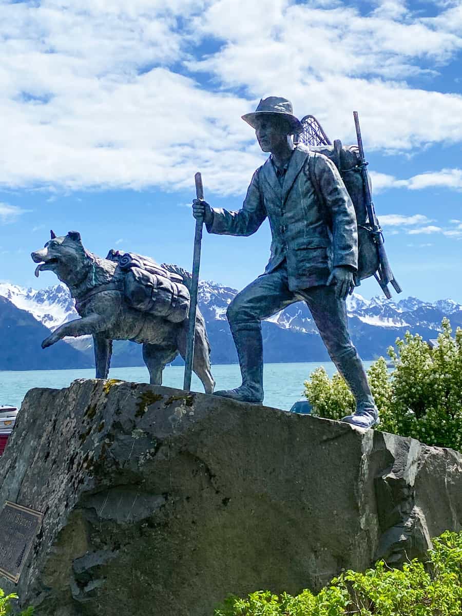 Trail Blazers statue, early trailblazer prospector and his dog at Mile 0 of Iditarod Trail (Seward-to-Nome Trail). Iditarod National Historic Trail