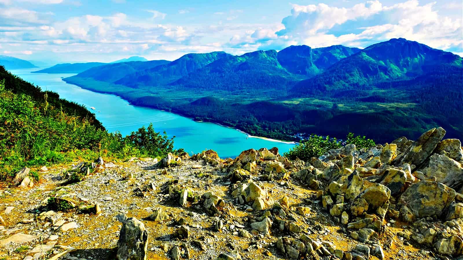 View of Gastineau Channel and Douglas Island from the top of Mt Roberts in Juneau, Alaska