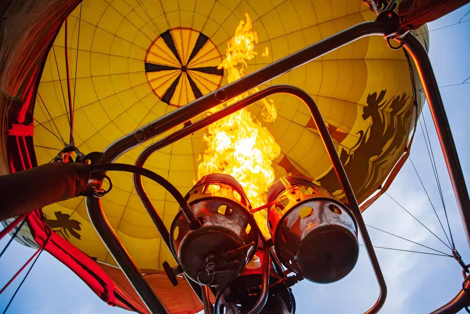 hot air balloon burner with burning flame close up