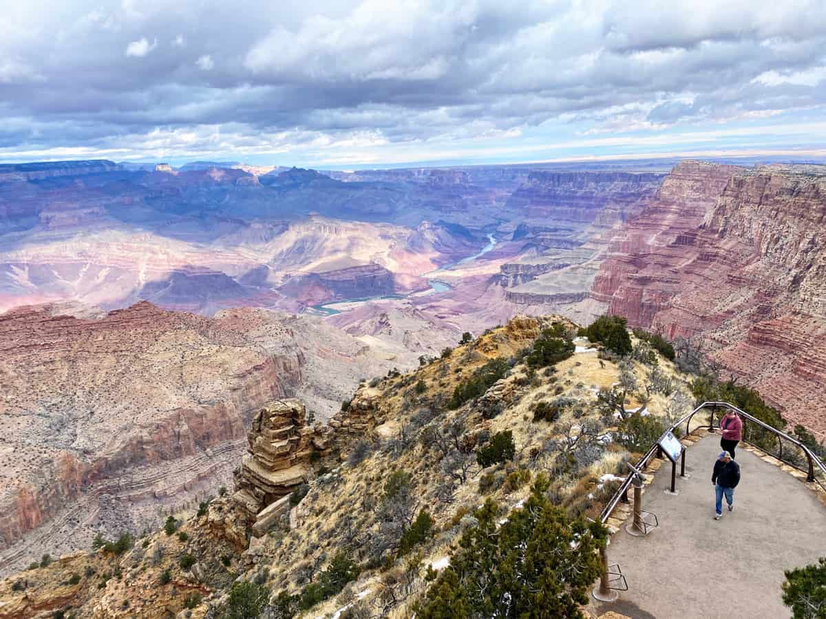 A view of the South Rim of the Grand Canyon with the Colorado River below from the Desert View Watchtower, in Arizona, USA.