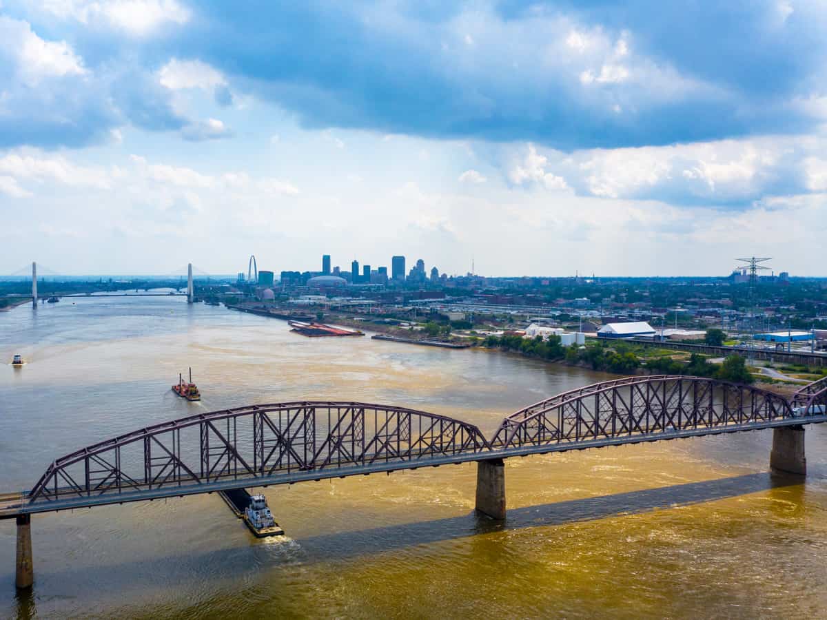 Aerial image of downtown St Louis from the McKinley Bridge
