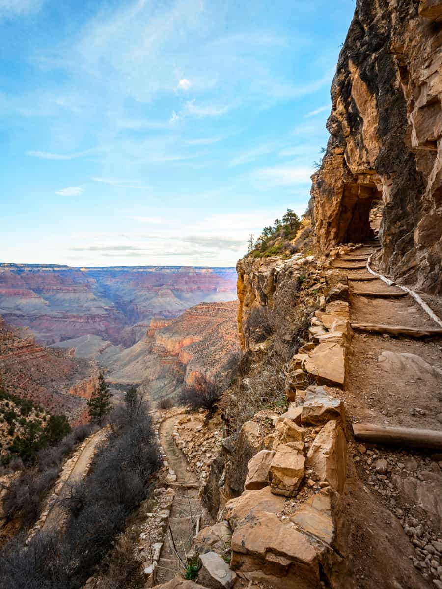 Bright Angel Trail at the gorge of the Grand Canyon, eroded rocky landscape, South Rim, Grand Canyon National Park, Arizona, USA