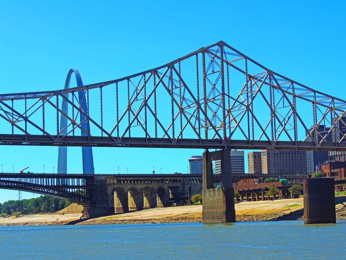 Gateway arch, eads bridge, and martin luther king bridge as seen from the Mississippi River, in st louis, missouri