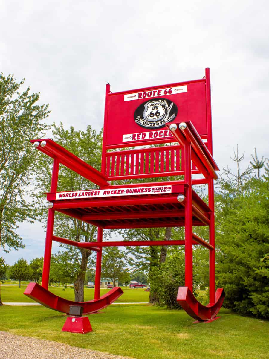 Giant Red Rocker rocking chair on display at Fanning 66 Outpost on famous Route 66