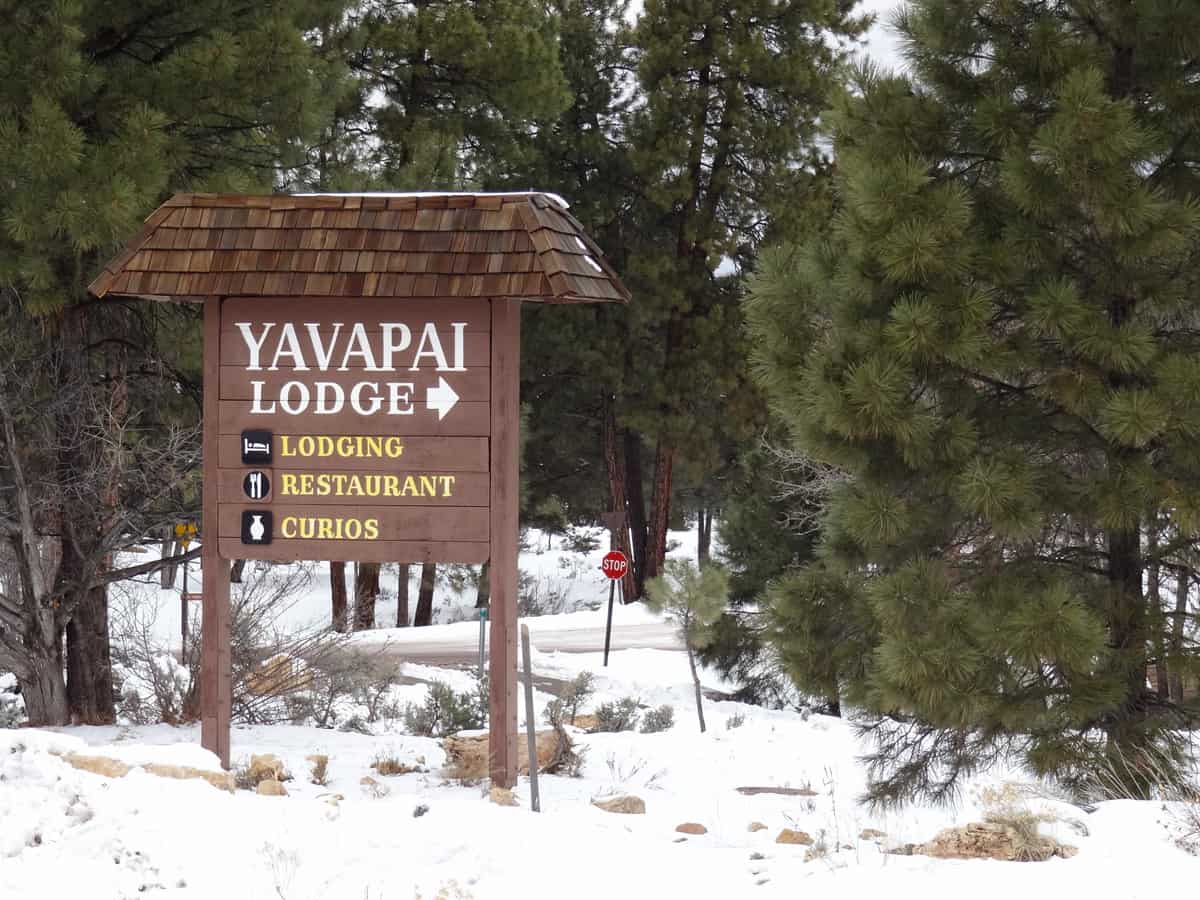 Grand Canyon South Rim Yavapai Lodge sign in the Grand Canyon National Park, Arizona, United States.