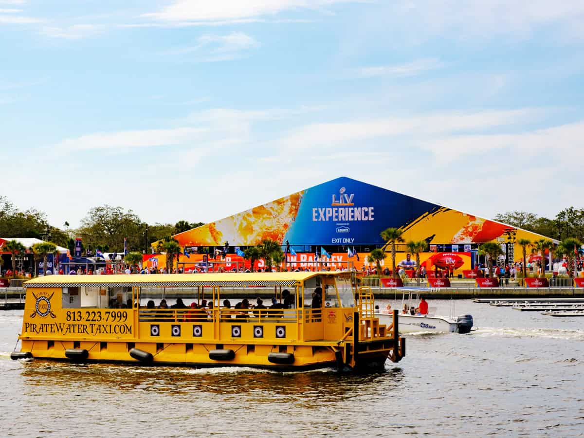 Pirate Water Taxi travelling past NFL Experience on the Hillsborough River - Super Bowl LV (55) Tampa, Florida