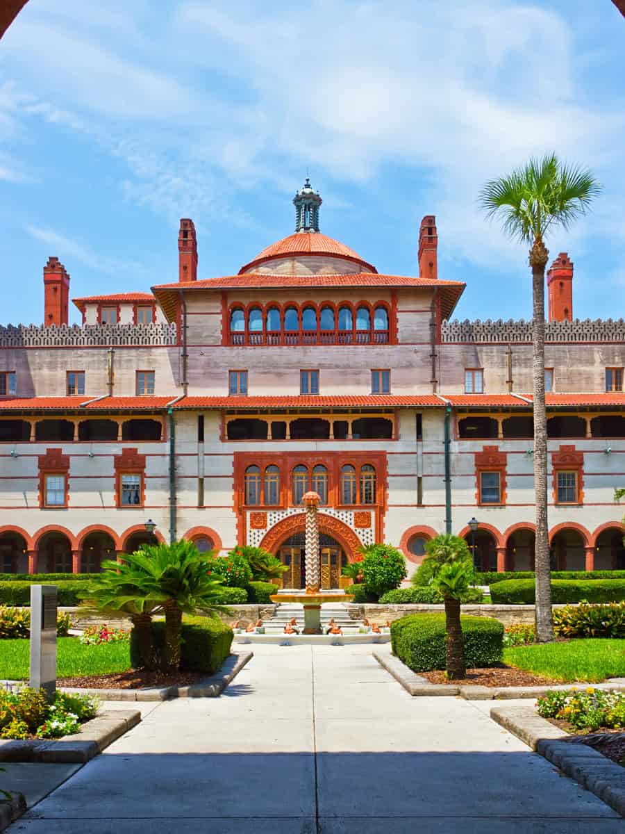 Spanish style historic building against a cloudy blue sky in St. Augustine, Florida