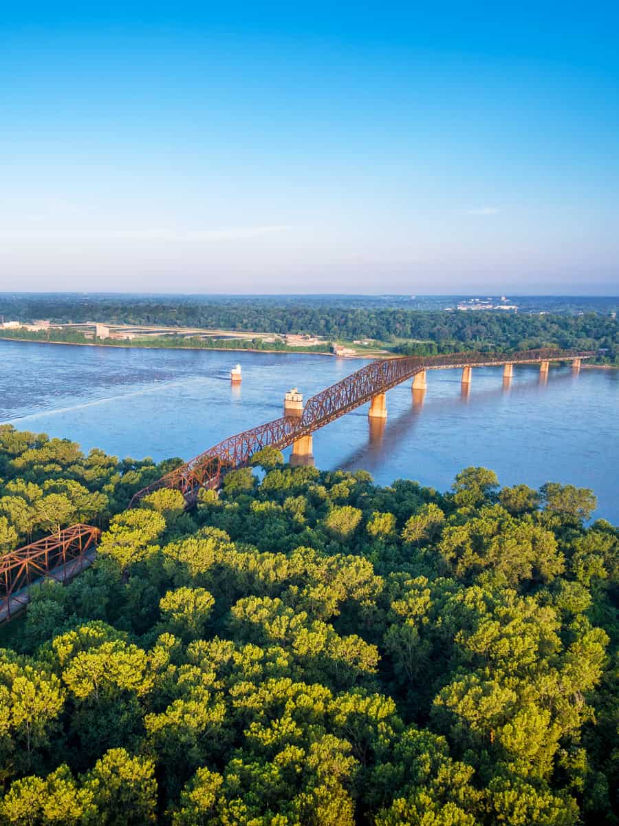 The old Chain of Rocks Bridge over Mississippi River near St Louis - aerial view from Illinois shore