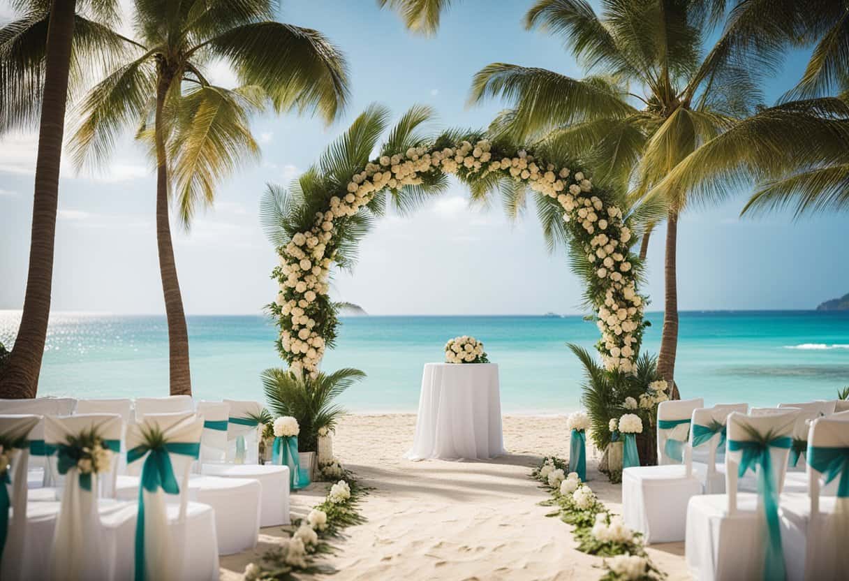 decorative trellis and decorated chairs on the beach in florida preparing for a wedding